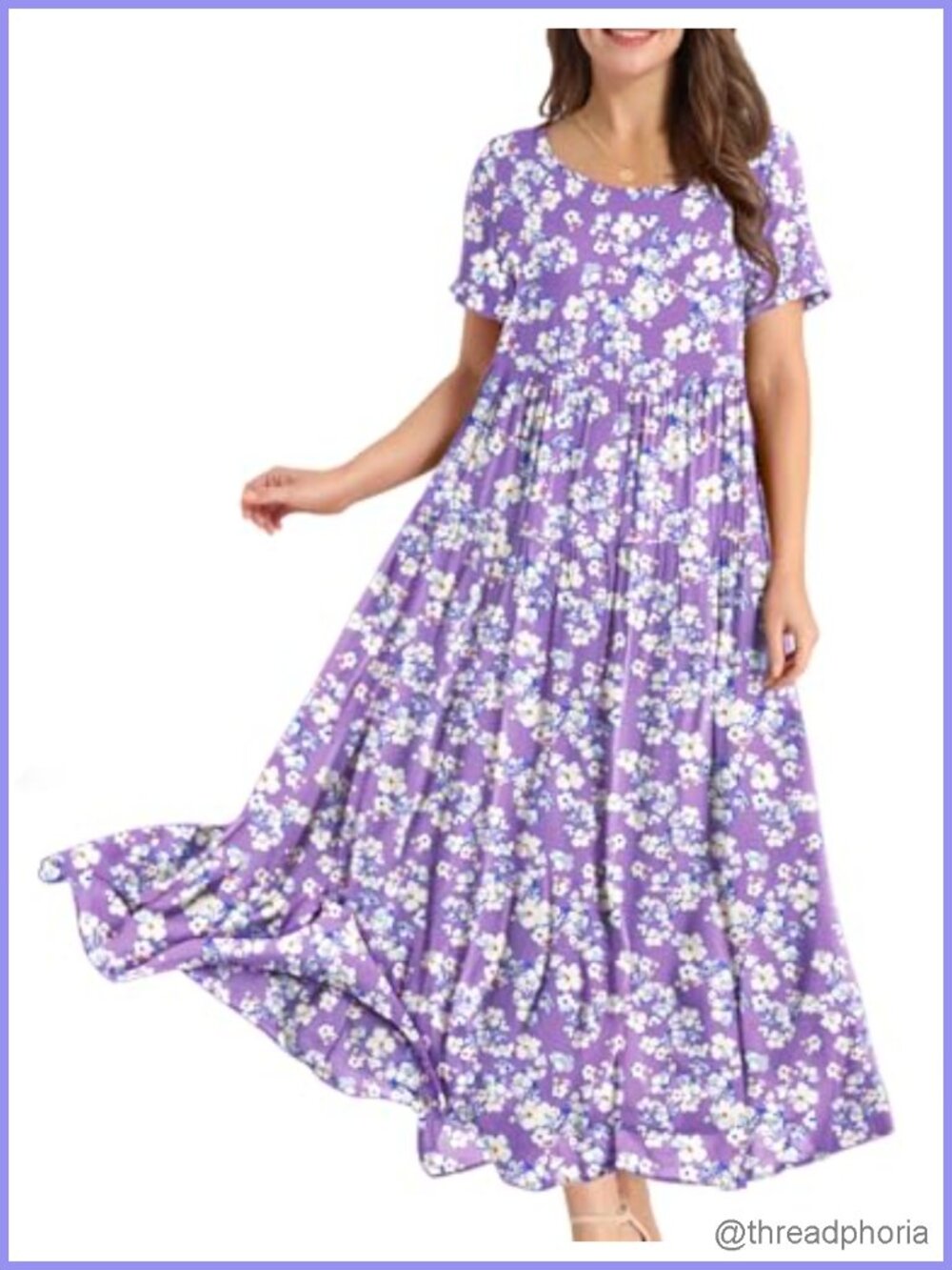 Women Casual Loose Floral Maxi Dress with Pockets Short Sleeve Summer Beach